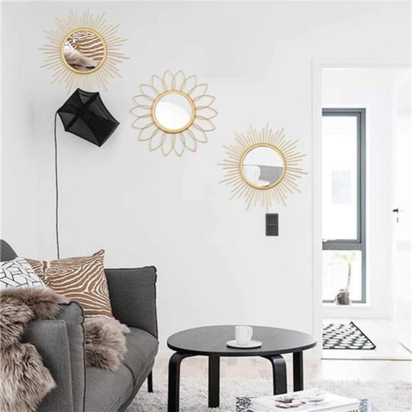 3 Pack Gold Mirrors for Wall Metal Sunburst Wall Mirrors Home Décor Decorative - Picture 4 of 6